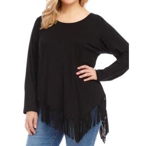 KAREN KANE Asymmetric Long Sleeve Fringe Top In Black Size 2XL